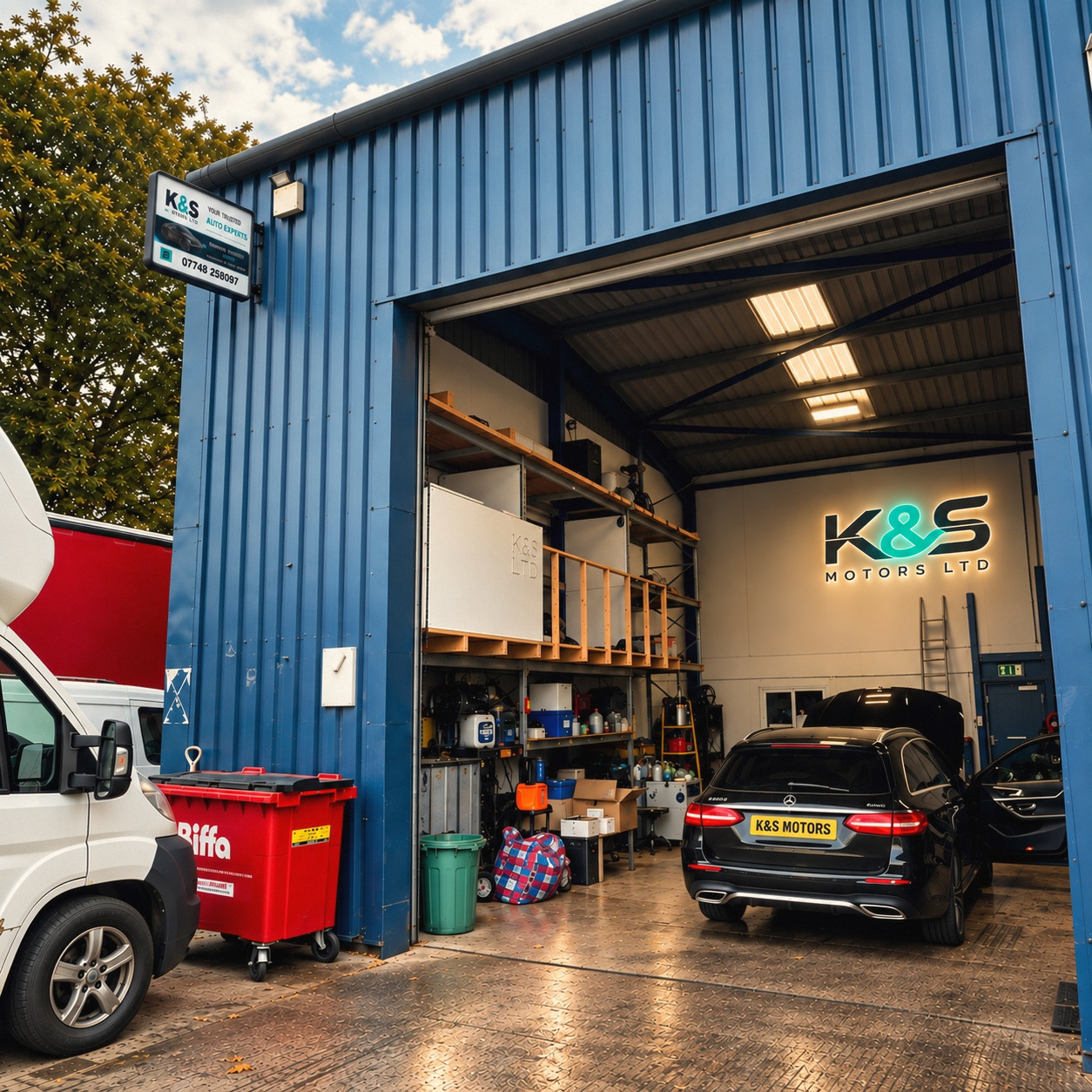 K&S Motors workshop entrance with illuminated sign inside