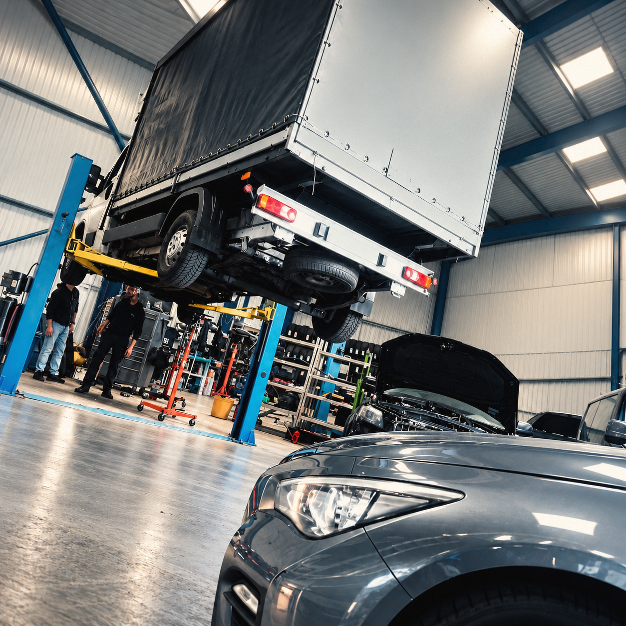 Commercial vehicle on a K&S workshop lift